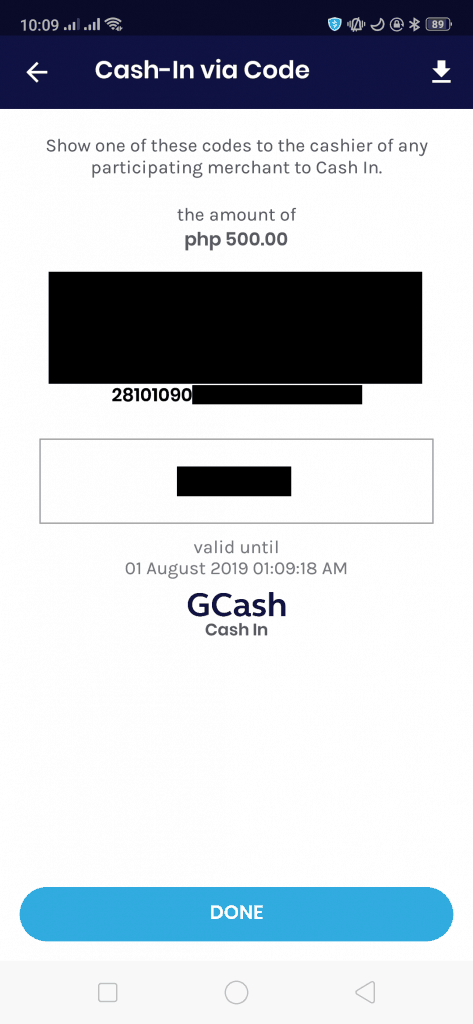 cash in via code gcash