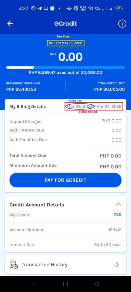 GCredit page with Due Date, Billing Date and Billing Period emphasized