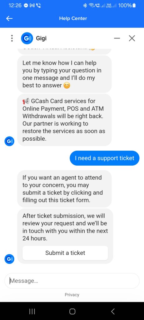 Typing "I need a support ticket" triggers the ticket form in Gigi