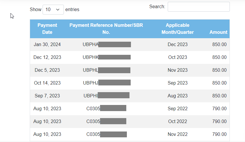 The transaction history as shown in the SSS Employer Portal