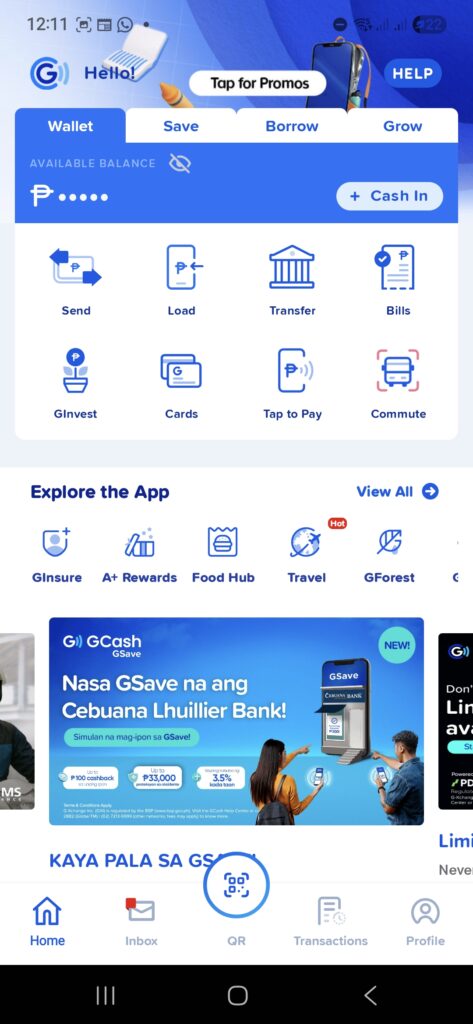 Main page of GCash as of Aug 2025