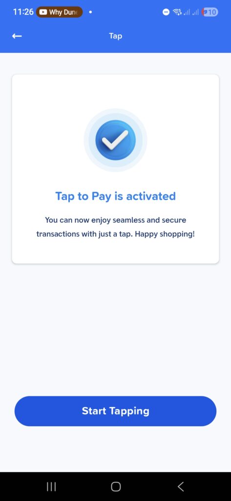 Tap to Pay is activated page
