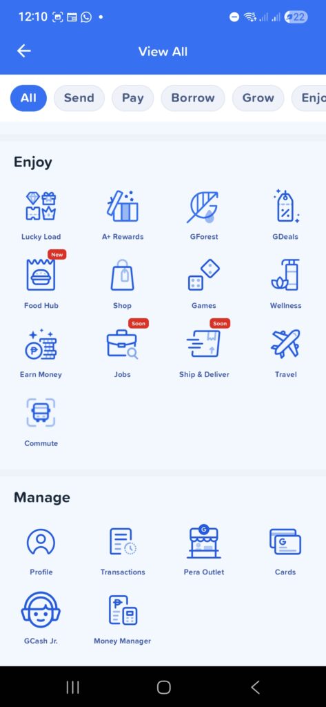 GCash View All Page, Enjoy and Manage Sections as of Aug 2025